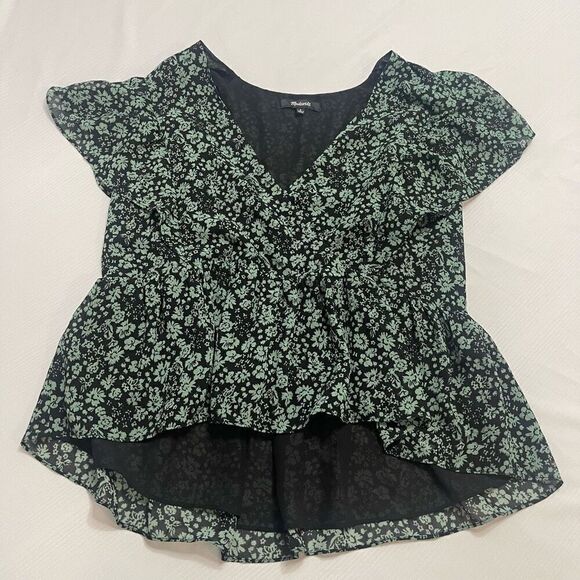 Madewell Georgette Green Floral Faux Wrap Short Sleeve Peplum Top Small Womens - Picture 1 of 7